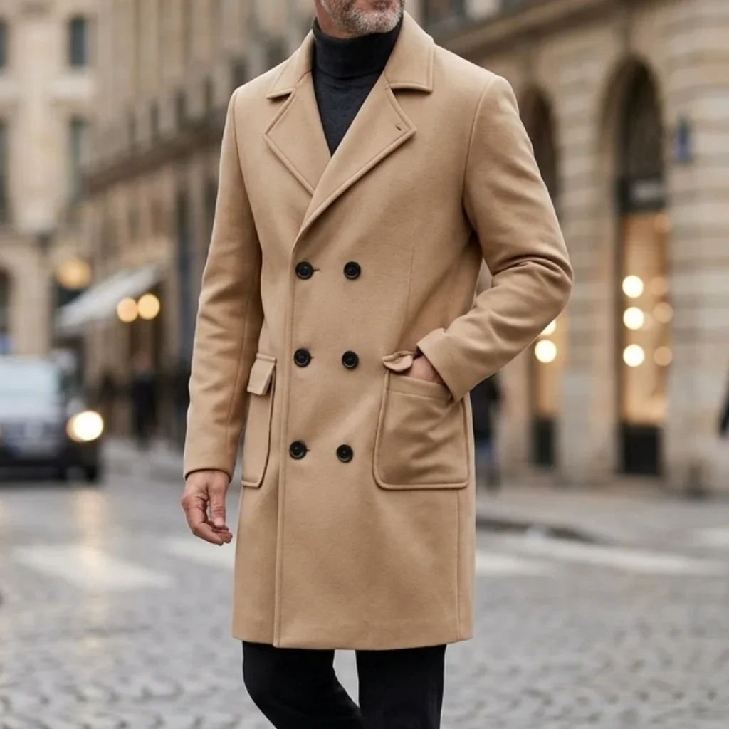 Neuer Winter-Herren-Doppelreihiger Trenchcoat Knielang Multi-Taschen Warme Streetwear Business Casual Oberbekleidung Garib-Stil – Detail 12