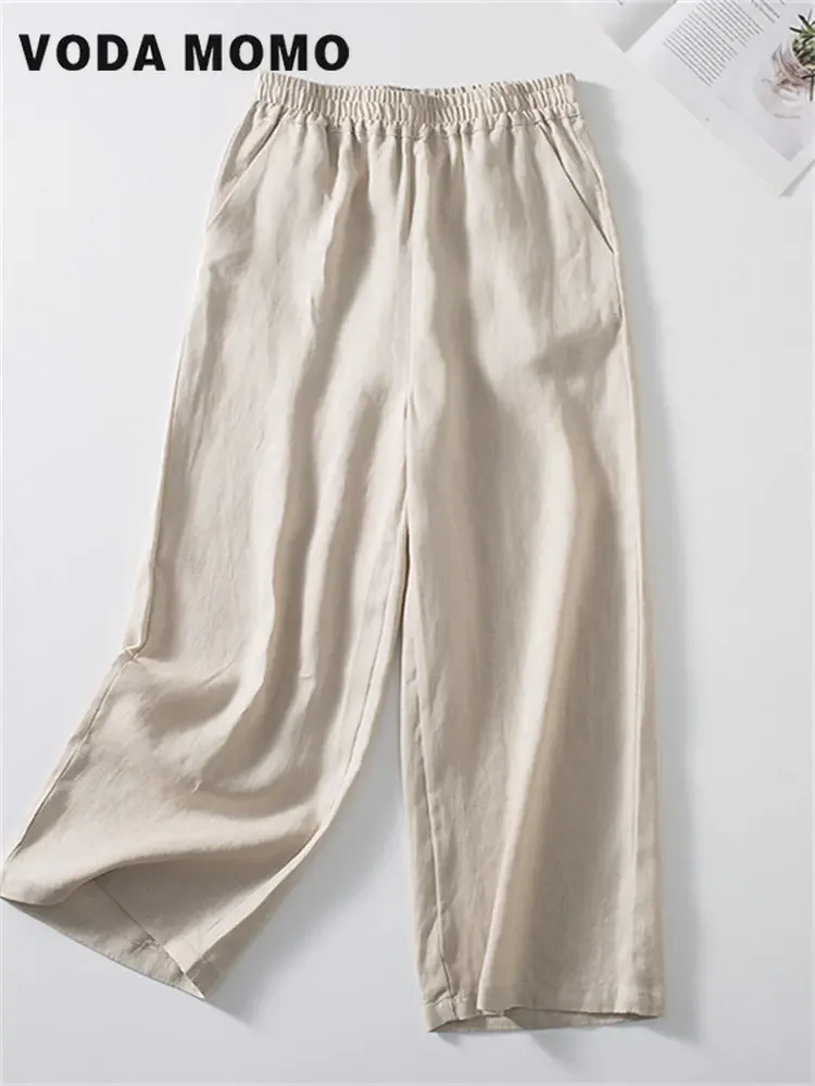 

Летние модные простые свободные прямые повседневные однотонные эластичные корейские элегантные брюки с высокой талией в стиле Харадзюку, женские брюки из хлопка и льна