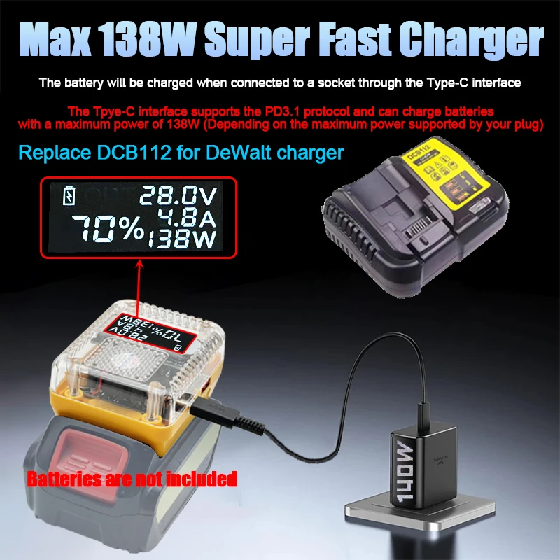 Digital Display Lithium Battery Adapter Converter For Makita For DeWalt For Milwaukee For M18 For Bosch Charger USB C Power Bank