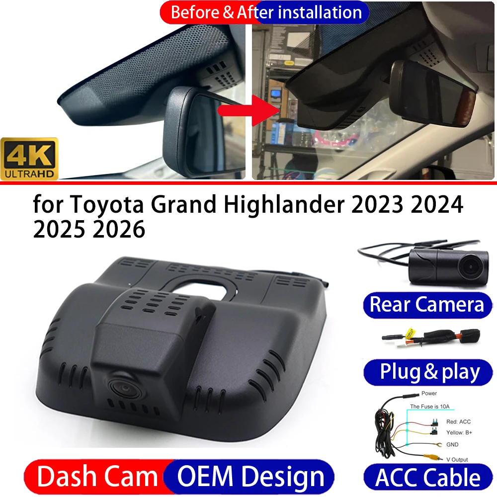 Dash Cam for Toyota Grand Highlander 2023-2026 Front＆Rear 4K DVR Dashboard Camera Video Drive Recorder Night Vision Parking Mode