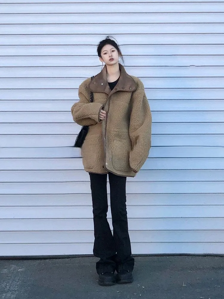 

Lamb Wool Jacket Woman Heavy Fur-Collar Relaxed Shopping Casual Mujer Thickened Warm Retro Streetwear College Beige Ulzzang Vibe