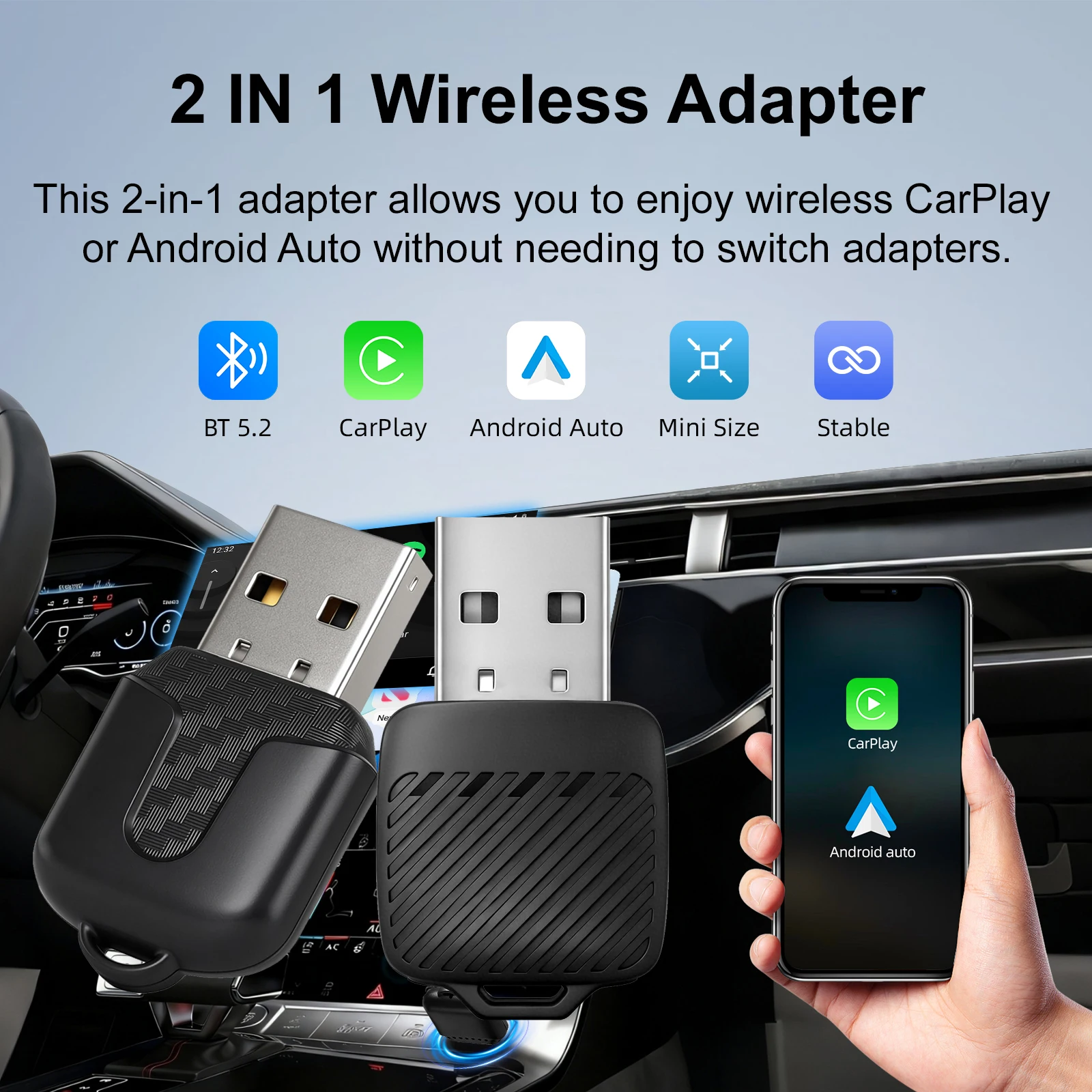2026 New Super Mini 2in1 Wireless CarPlay Android Auto Adapter for Factory Wired Car with 5G WiFi BT5.0 Plug and Play OTA Update