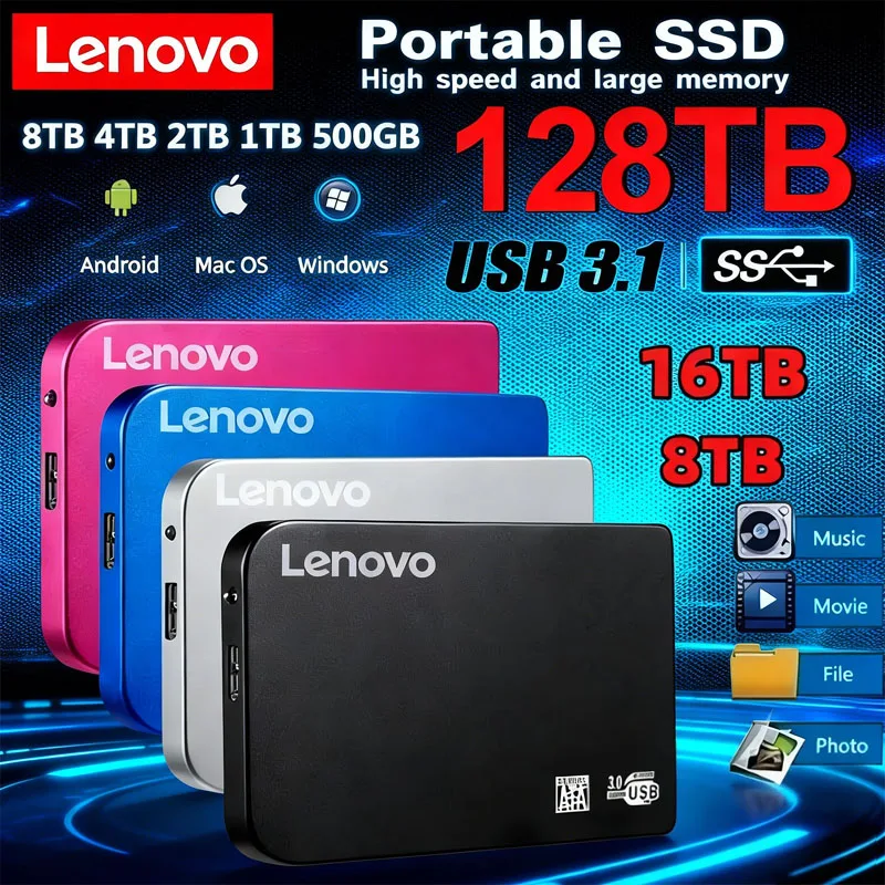 

Lenovo 128TB High-speed SSD USB 3.0 Enclosure Mobile Hard Drive Cases for SSD External Storage HDD Box With USB3.0 Cable ABS