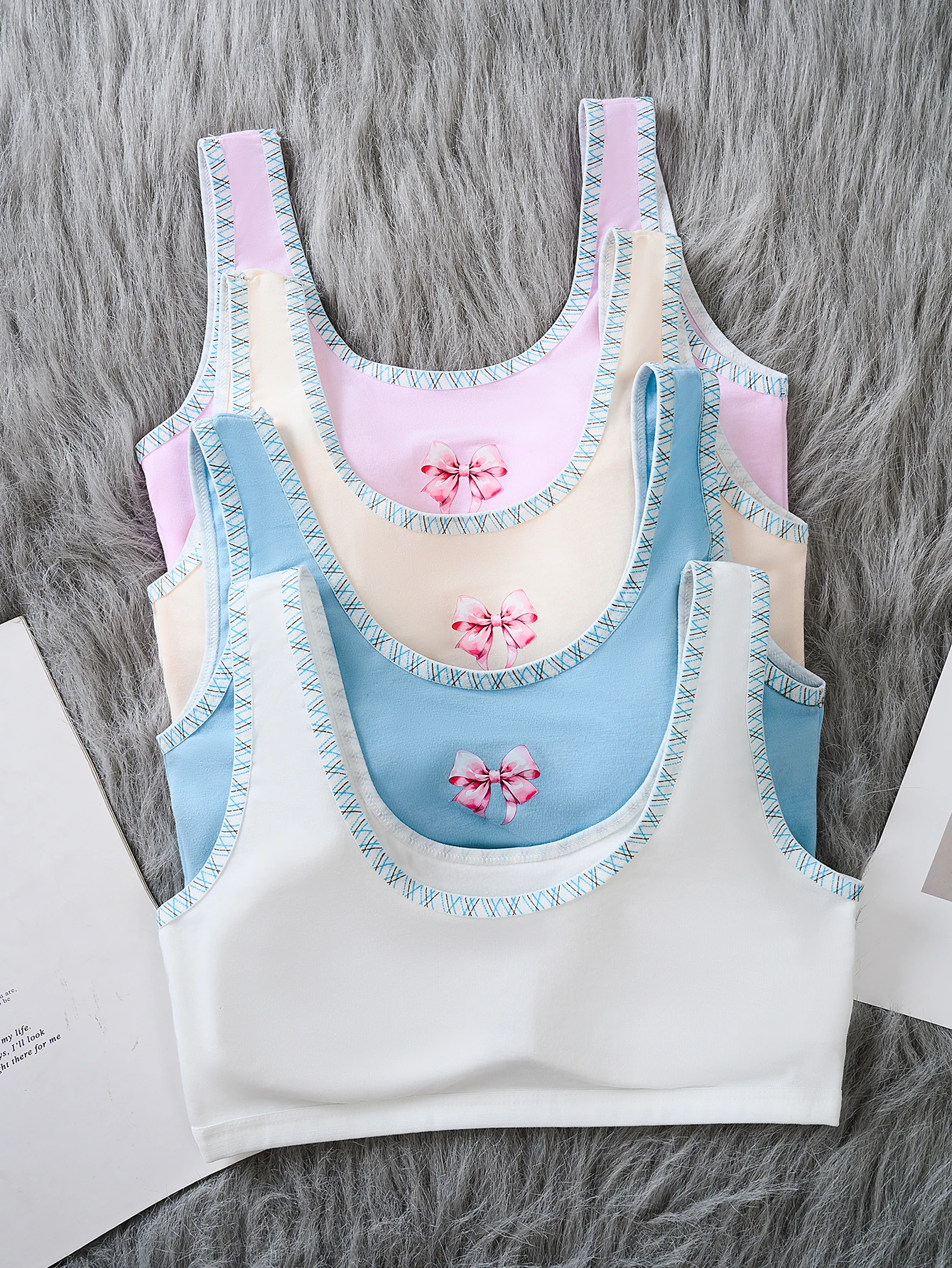 4 pcs girls' big boy teenage bra underwear, contrasting design cute and elegant fixed coaster solid color without wire