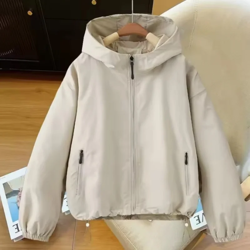 Damen Freizeit-Kurzjacke 2026 Frühling Herbst Mode Einfarbig Locker Kapuzen-Trenchcoat Elegante Damen-Oberbekleidung
