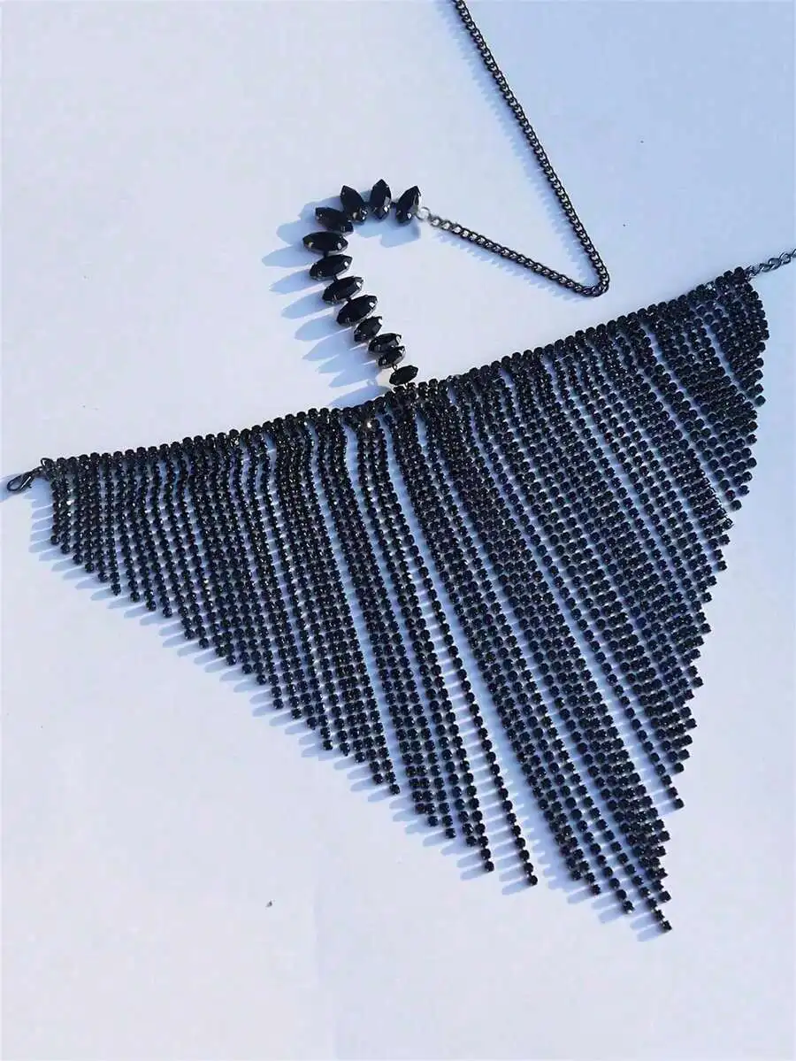 

Elegant Black Crystal Beaded Fringe Body Chain For Women, Sexy Versatile Accessory With Tassel Detail