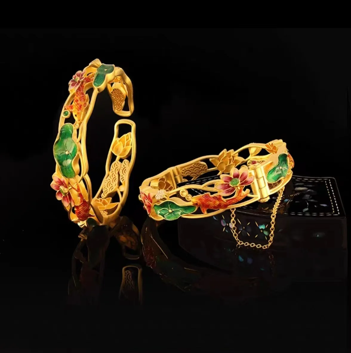 9999 real gold 24K yellow gold Lotus Pond Moonlight Sink Fish and Wild Goose Bracelet Women's Bracelet