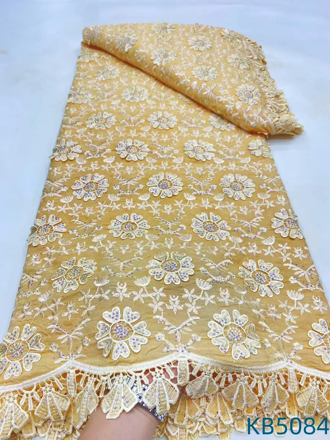 

Latest Nigerian Lace Fabrics 2025 African White Hollow Chiffon Dubai Embroidery Fabric Sequence French Mesh For Sewing KB5084