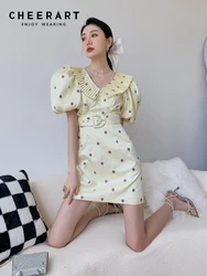 CHEERART Yellow Puff Sleeve Floral Elegant Dresses For Women 2022 Summer Short Sleeve A Line Mini Party Ladies Dress With Belt