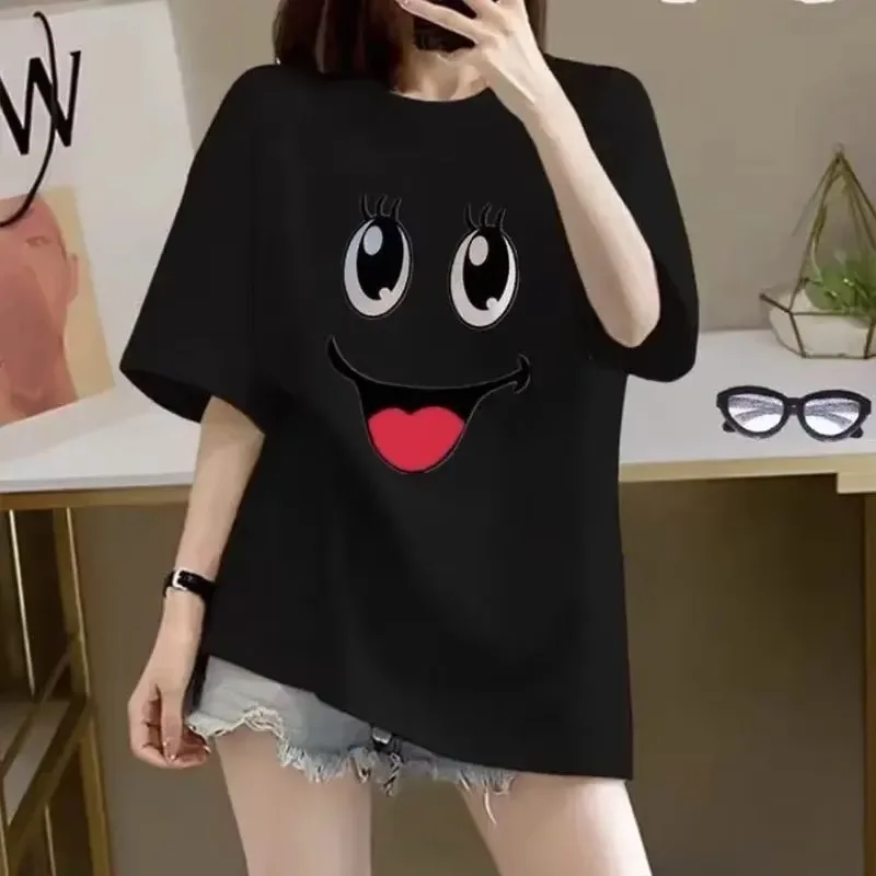 Women's Clothing Elegant Sweet Expression Print T-shirt Casual Summer New Short Sleeve T-shirt Cute Playful Short Sleeves