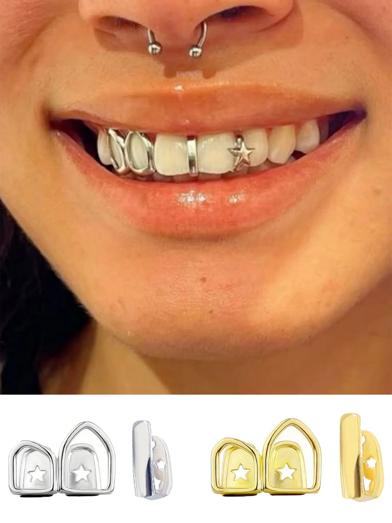 2Pcs Personalized And Fashionable Double-Cutout/Smooth Vertical Stripe Hip-Hop Stage, Nightclub Fashion, Party Teeth Accessories