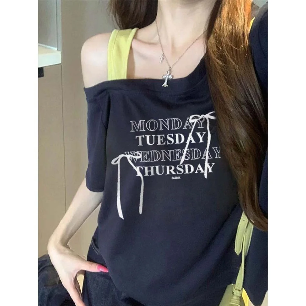 Korean Japanese style letter print one-shoulder short sleeve t-shirt for women, new summer stylish off-shoulder loose slim-fit o