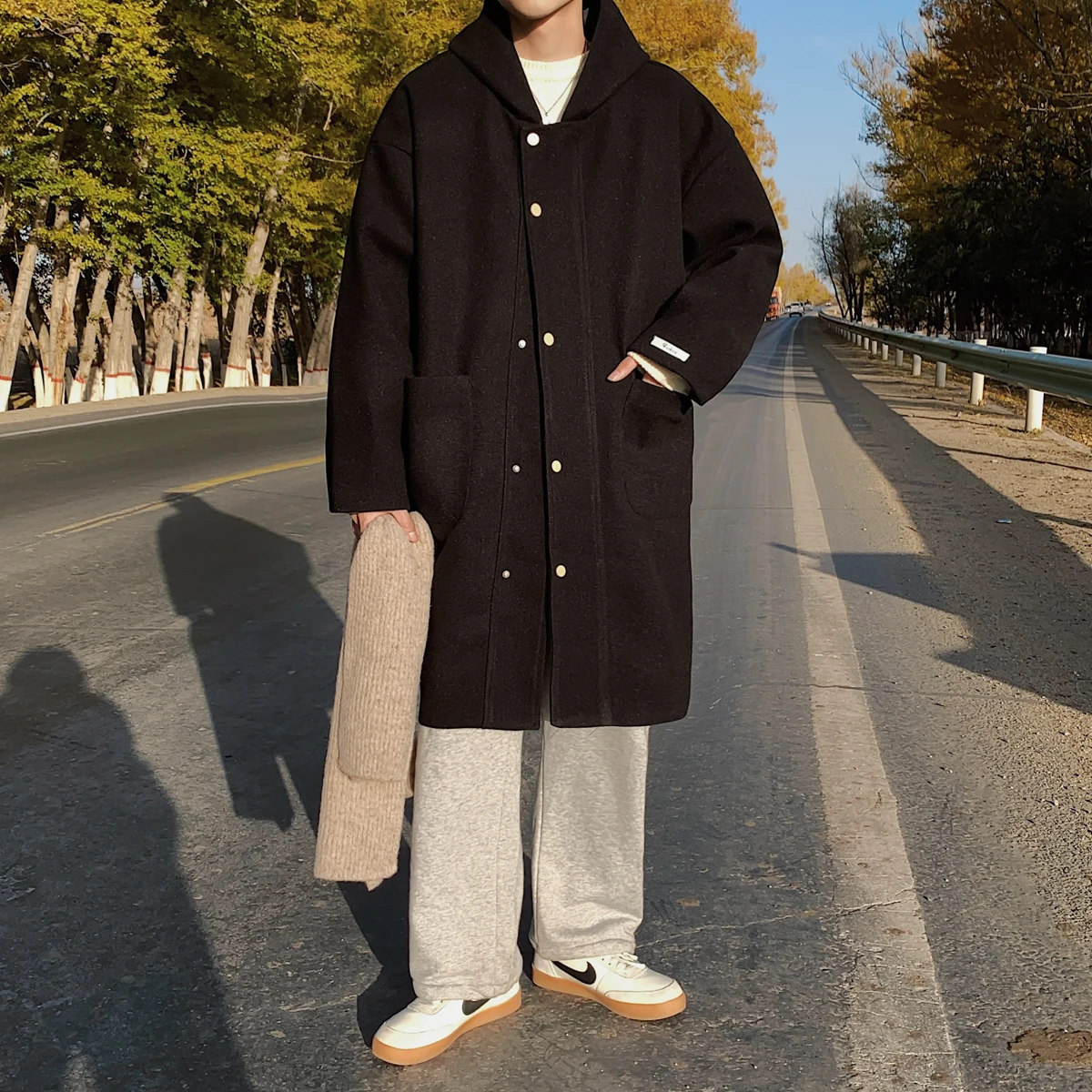 

Korean Sle Men's Woolen Coat Mid-Length Thiened Autumn Winter Outerwear Faionable Casual Lapel Coat for Men