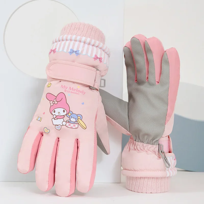 Kawaii Pochacco Kids Plush Ski Gloves Kuromi Melody Anime Sanrio Cartoon Winter Outdoors Warm Glove Waterproof Thicken Mitten