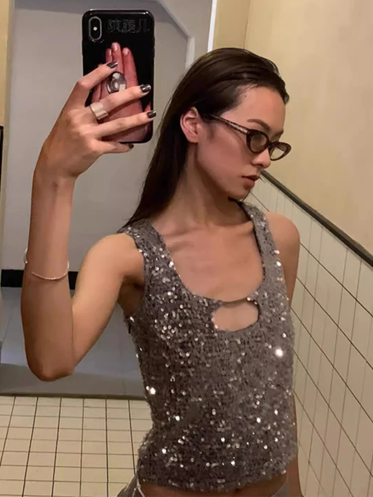 RORORIRI Cut-out Sequin Tank Top Women Silver Sparkle Party Sleeveless Vest Summer Camisole Y2k Night Clubwear Vintage Clothing