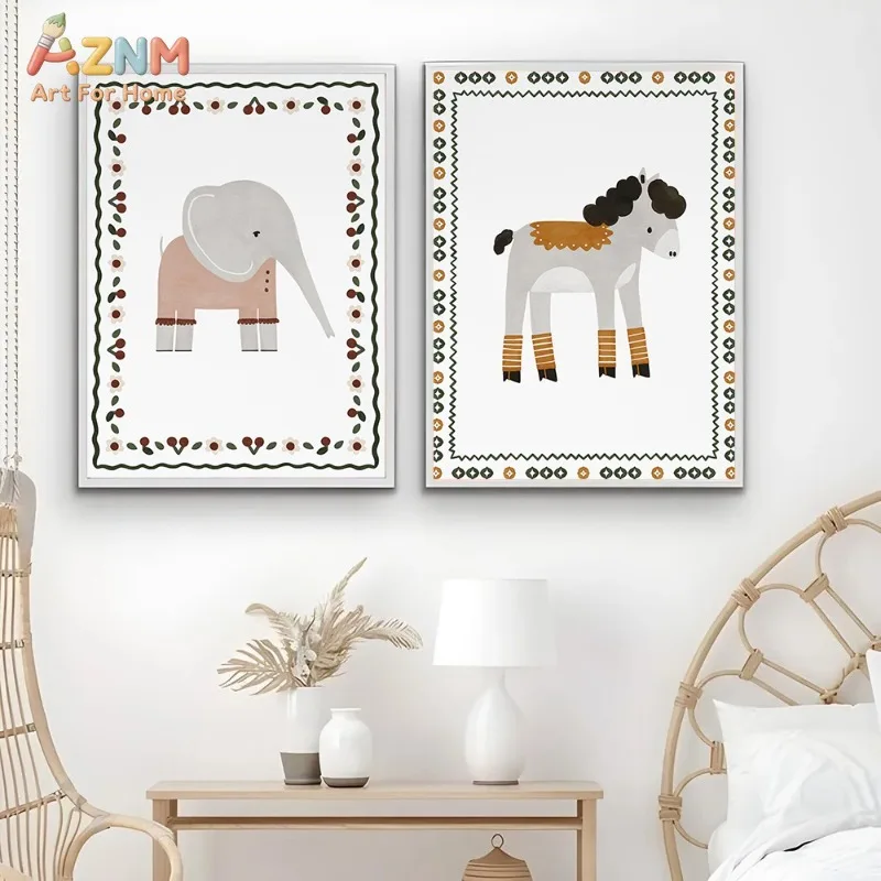 AZNM Boho Cartoon Animal Canvas Wall Art Zebra Giraffe Elephant Cat Vintage Frame Neutral Print Unframed Canvas Kids Baby Nurser