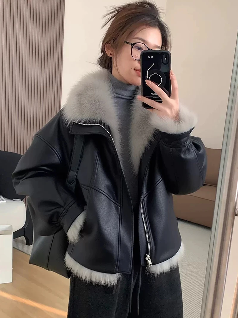 Faux Fur Collar PU Leather Jacket Black Winter Long Sleeved Zip Up Short Moto Coat Women Fleece Lined Warm Casual Outerwear
