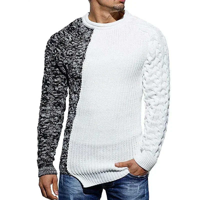 European and American Color-blocking Sweater for Autumn and Winter 2024, Round-neck Knitted Slim-fit Sweater for Muscular Men