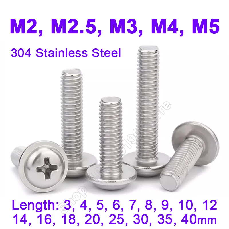 

M2 M2.5 M3 M4 M5 304 Stainless Steel Cross Phillips Pan Round Head With Washer Padded Collar Screw Bolt Length 3 4 5 6 7 8-40mm