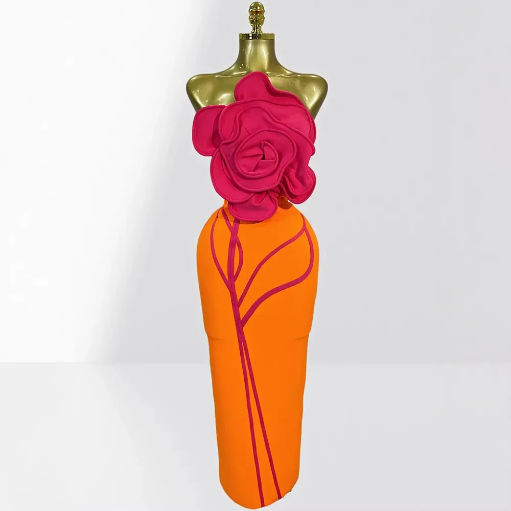 Luxury 3D Flower Bodycon Dress Elegant Pink Orange Patchwork Strapless Midi Gowns Sexy Celebrity Evening Party Club Vestidos