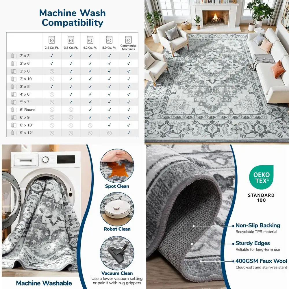 

Ковры из искусственной шерсти в богемном стиле 8x10 футов - с низким ворсом, машинная стирка, нескользящие, для гостиной, с цветочным узором, серо-белые