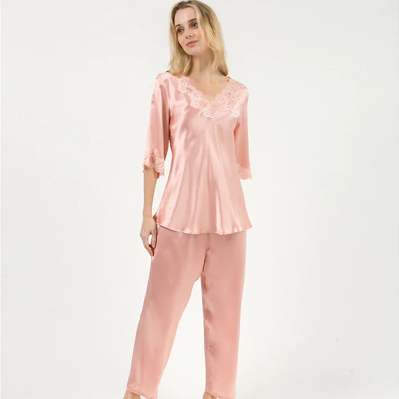 100% Real Silk Tee Top and Pants Pajamas Suit Lace Trim V Neck Sleepwear Solid Color Women's Loungewear Set Pajama Nightwear Pjs
