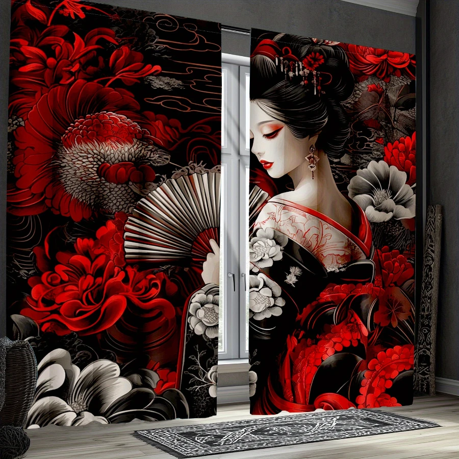 2PCS Digital Printed Curtains, Geisha Japanese Design, Japanese Style Rod Pocket for Living Room Bedroom Kitchen Home Decor