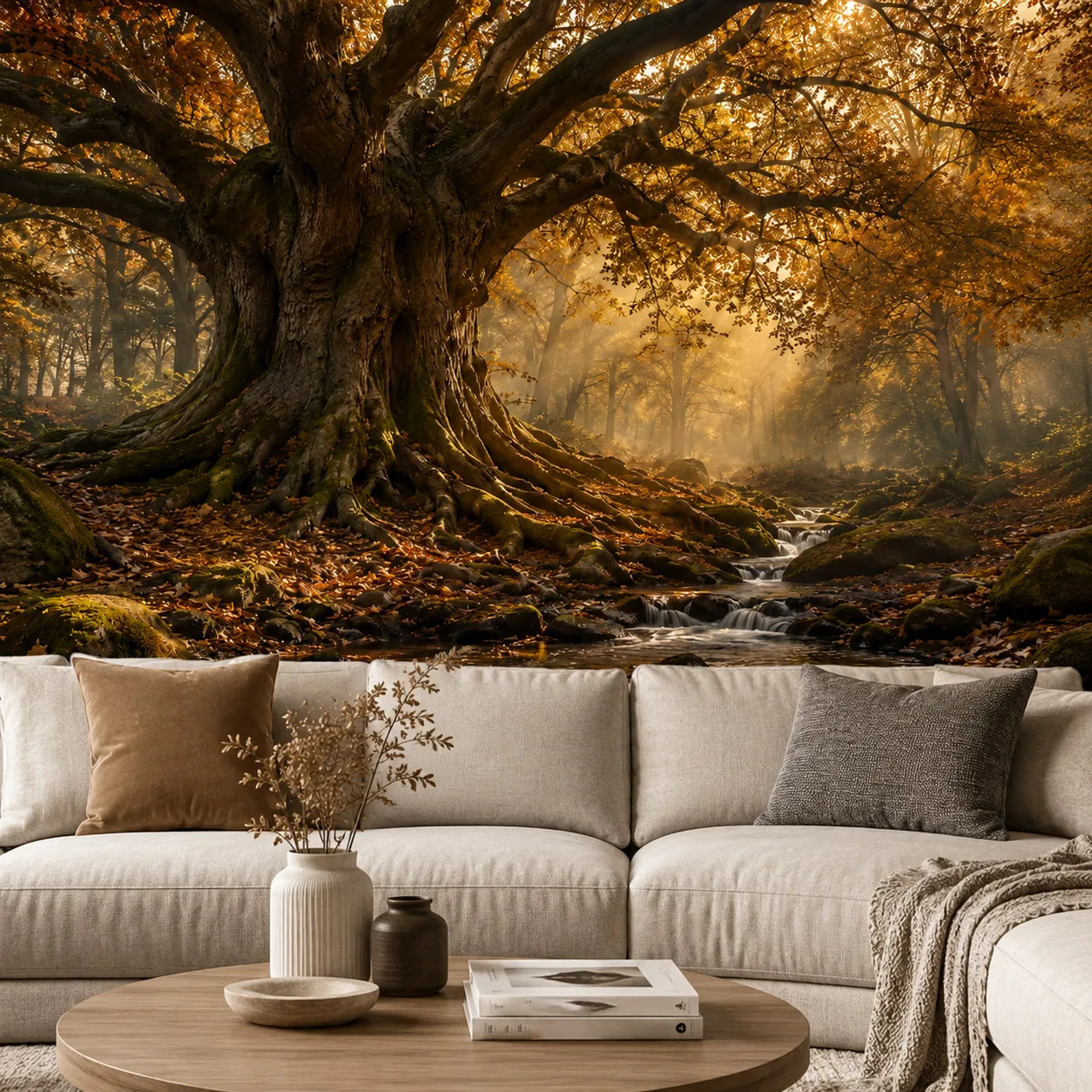 Ancient Oak Tree Autumn Forest Wall Mural Wallpaper Golden Sunlight Woodland Stream Living Room Non Self Adhesive Paste Required