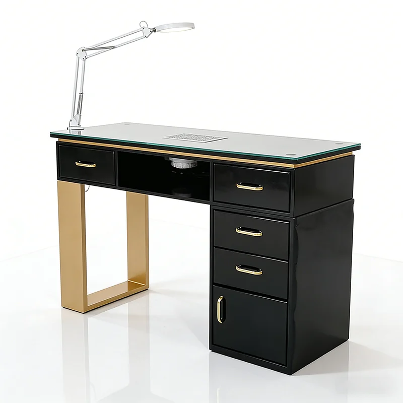 

Modern Nail Shop Furniture Black Wooden Professional Glass Top Manicure Table Desk Luxury Nail Tech Table with Dust Collector