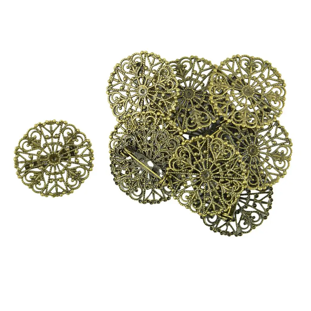 10 Pieces Filigree Empty Brooch Base Round Pins Back Brooches