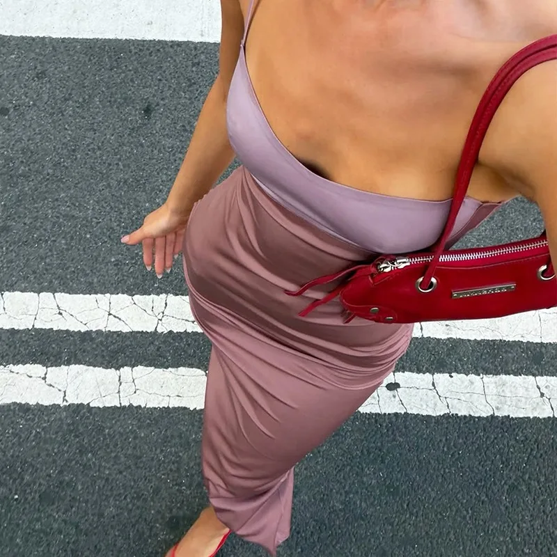 Ticketsx Sexy Vintage Patchwork Long Dress Summer Contrast Backless Sling Women's Dress Elegant New Streetwear Vacation Vestidos