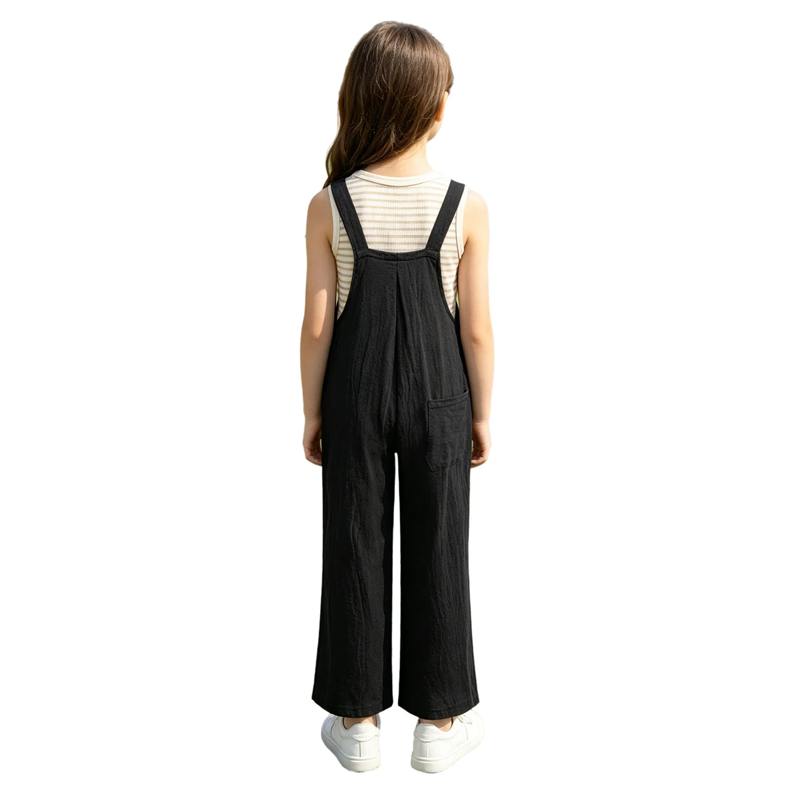 Kids Girls Loose Fit Wide-leg Pleated Overalls Wide Shoulder Straps Sleeveless Jumpsuit with Pockets for School Holiday Travel