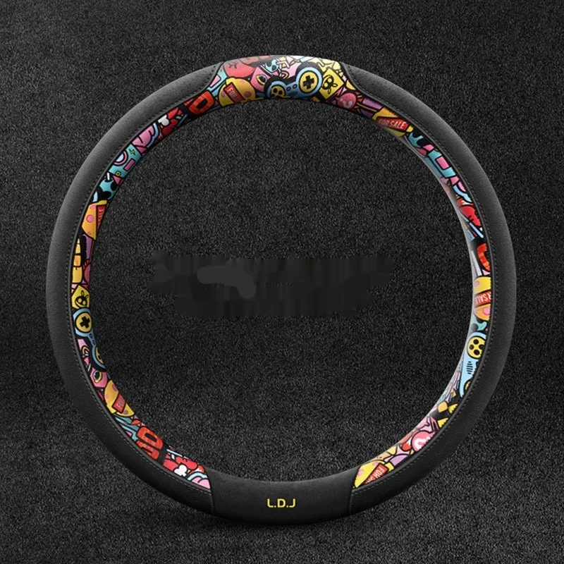 New Chinese Trend Steering Wheel Cover, Cartoon Suede Leather Anti-slip Car Steering Wrap Auto Accessories 38cm-40cm