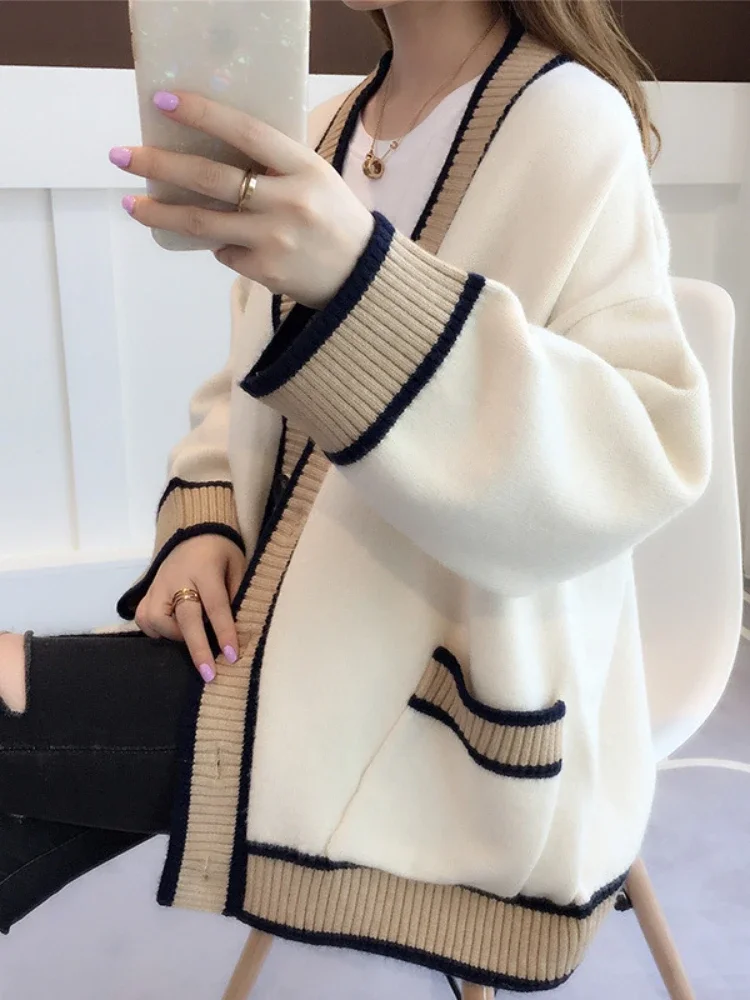 Women's Cardigan Knitted Korean Fashion Stripe Wool Sweater for Women Winter Long Sleeve V-neck Casual Knitwear Coats Female