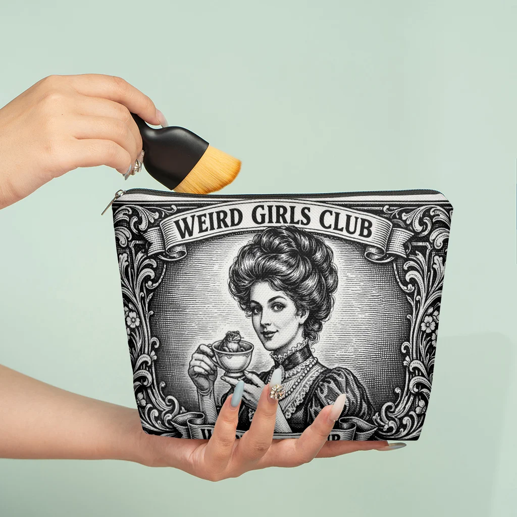 Weird Girls Club Linen Makeup Bag Foldable Portable Toiletry Bag Zipper Closure Use for Men Women Travel Storage Daily