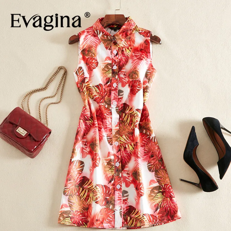 

Evagina Turn-Down Collar Single-Breasted Printing Mini dress 2024 Spring Summer New Women's Sleeveless Commuter Dresses