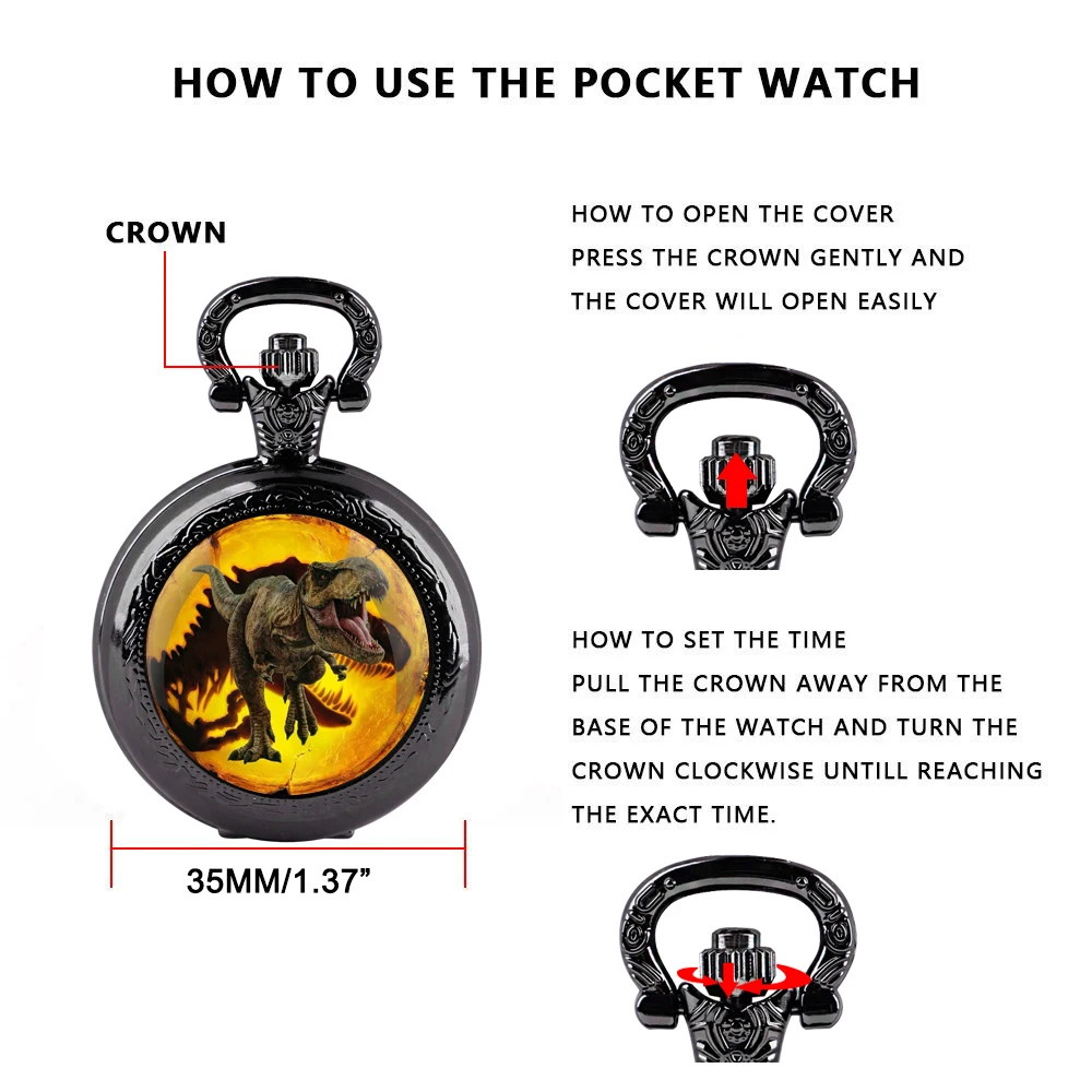 Dinosaur Glass Dome Quartz Pocket Watch With Durable Chain Arabic Numeral Dial Halloween Gifts for Men Women Kids