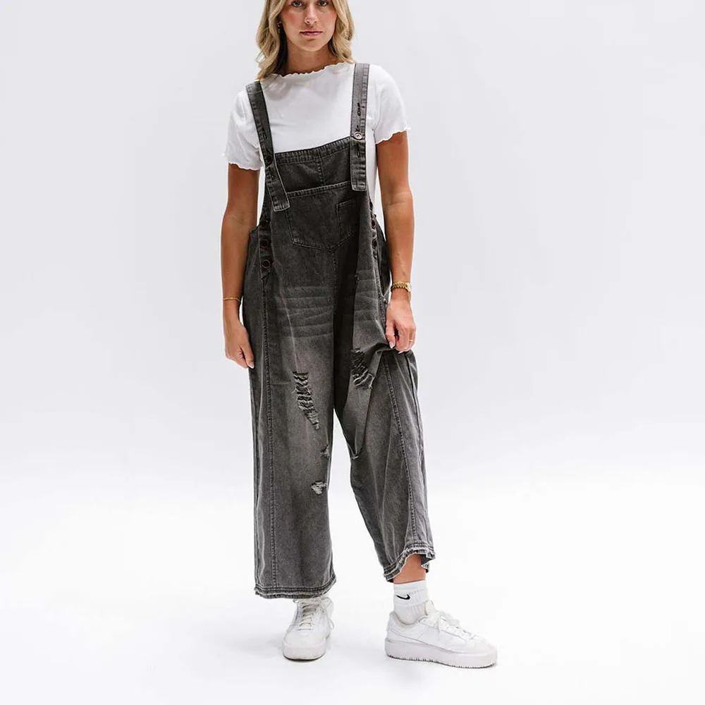 2026 Woman' Cowboy Overalls Casual Denim Pants Retro Style Spice Girls Trousers High Waist Pocket Pants Loose fit Denim Overalls view 5