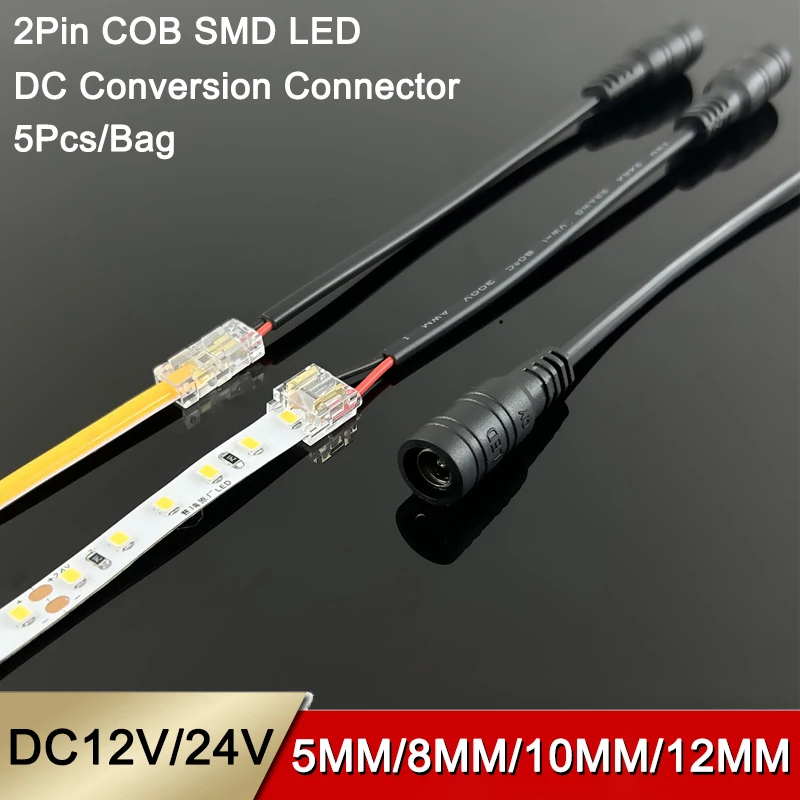 

5Pcs/bag 5mm/8mm/10mm/12mm 2 pin 2Pin 12V/24V DC Conversion SMD Cob Led Connector For Led Strip Light