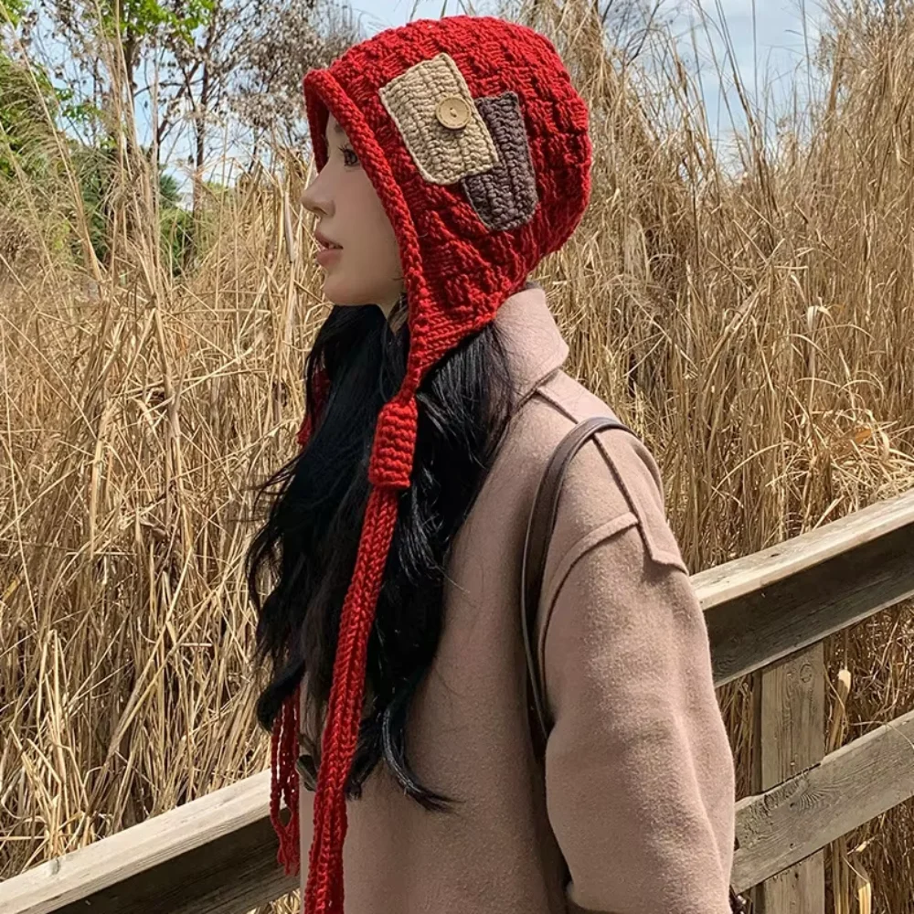 

Harajuku Designed Knitted Hat with Long Tassels Button Windproof Ear Protection Hat Keep Warm Thickened Crochet Lei Feng Hat