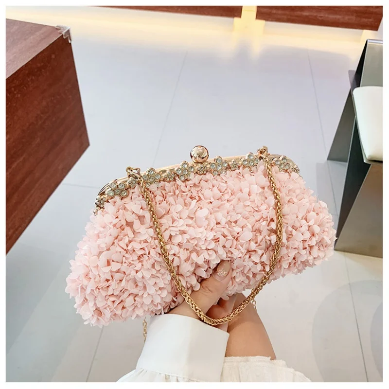 Fuchsia 3D Flower Evening Purse for Women Rhinestone Frame Kisslock Clutch Wedding Prom Party Handbag with Removable Chain Strap