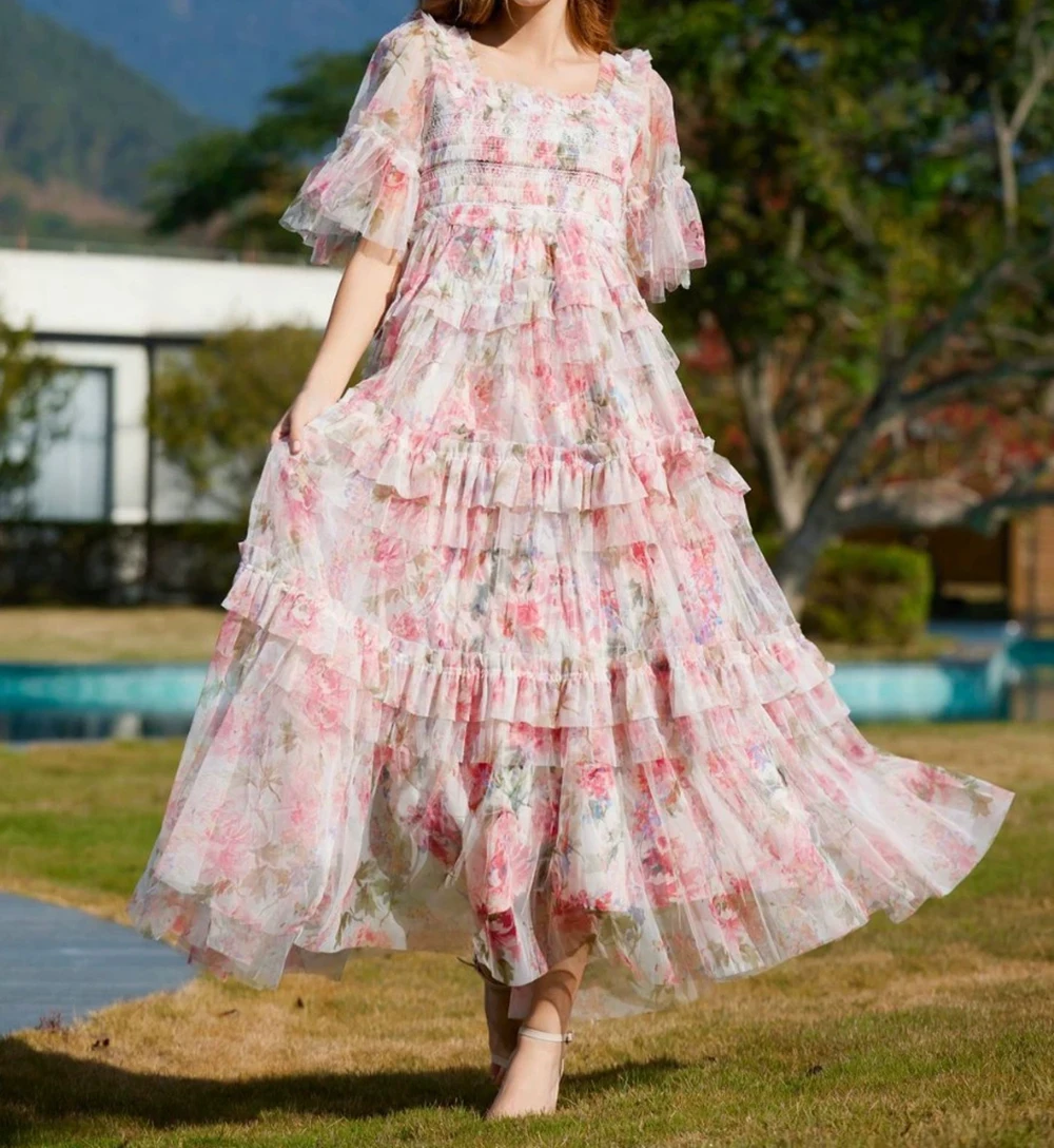 

Square neck printed embroidery sweet and fresh fairy dress short sleeve long A-line skirt daily commuting dress-GZXX507