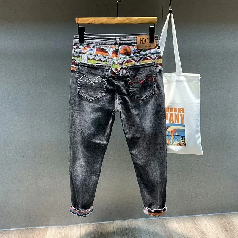 

Summer Thin Stitched Jeans Men's Trendy Loose Straight Elastic Nine Points Korean Version Harem Pants Casual Style Spring You...