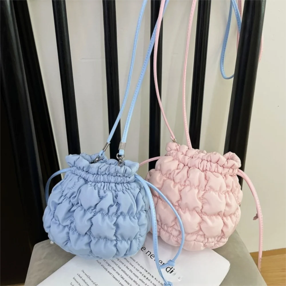 

Korean Style Drawstring Bucket Bag Handbag Purse Small Crossbody Bag Mobile Phone Bag Solid Color Nylon Shoulder Bag Travel