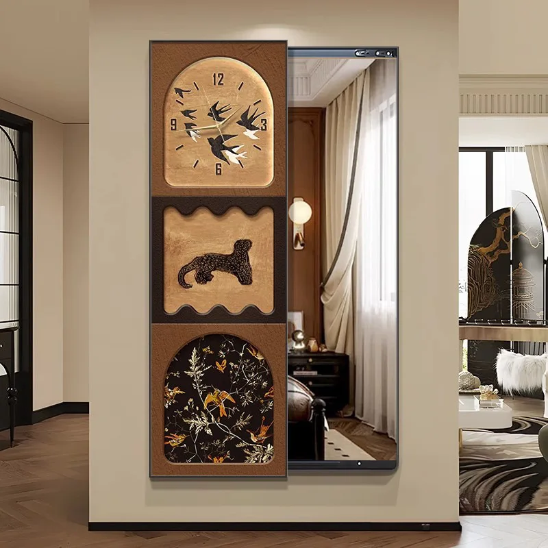 Medieval retro full-length mirror with clock, bedroom hidden full-length mirror, entrance push-pull closing mirror painting