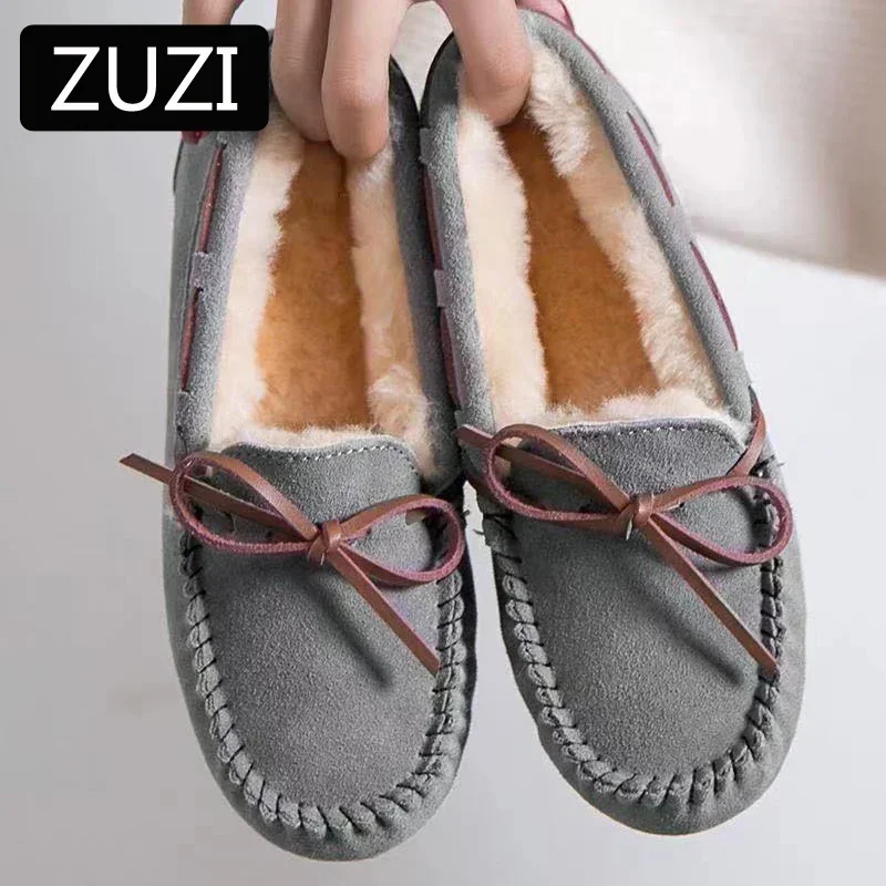 ZUZI Women Winter Warm 100% Genuine Leather Flat Shoes Casual Loafers Slip on Women's Flats Plush Shoes Moccasins Lady