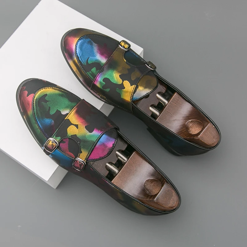 

Men Double Buckle Loafers PU Low Heel Comfortable and Fashionable Retro Classic Business Dress Shoes