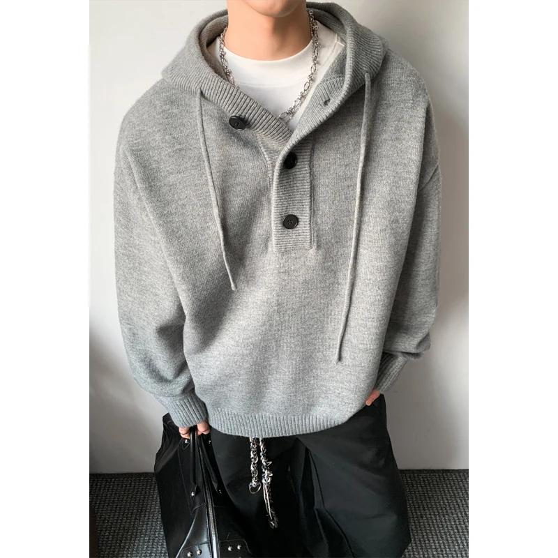 Solid Color Single Button Semi-open Drawstring Hoodie Sweater, Long Sleeve Loose Knit Top for Spring Autumn Casual Streetwear