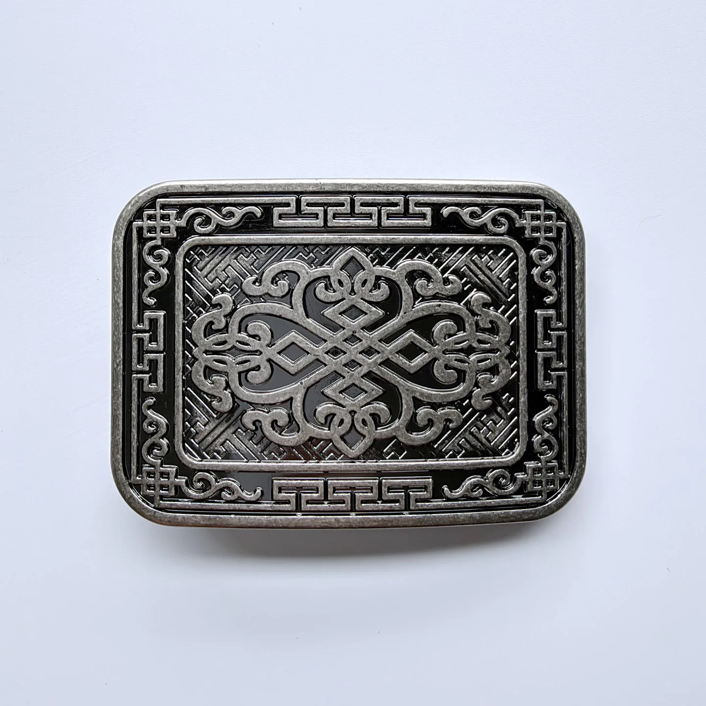 Belt Buckle Chinese Style Rectangular Chinese Knot Antique Silver Mens Ethnic Belt Accessories BUCKLE-WG019