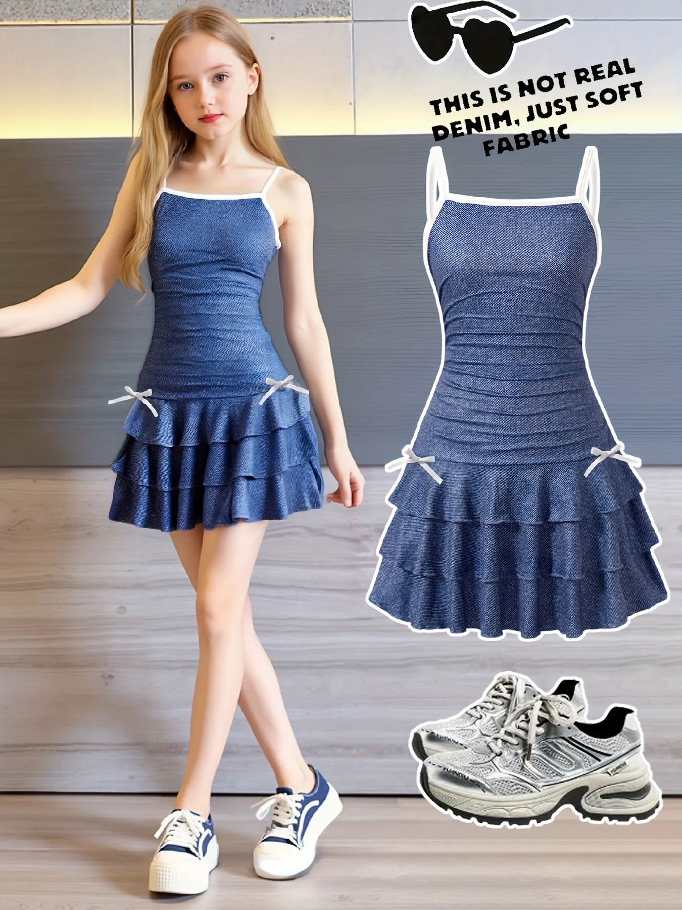 Image of (Faux Denim) Süßes Mädchen-Sommerkleid aus weichem Faux-Denim mit geraffter Schleife und Stufenrock für Urlaub, Strand, Alltag, Freizeit und Outdoor-Aktivitäten.